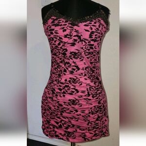 Vintage Free People Pink Black Mini Dress Womens Size 8 V-Neck Ruched